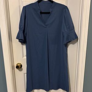 Blue V-Neck Midi Shift Dress with Feminine Short Sleeve Detail